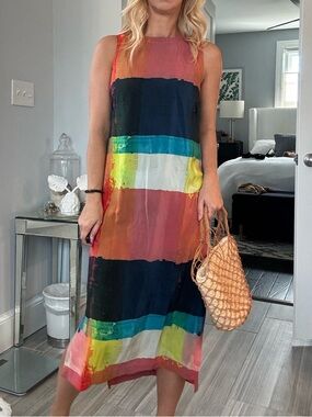 Lenny Niemeyer Silk Abstract Stripe Midi Dress Brazil Resort Size M